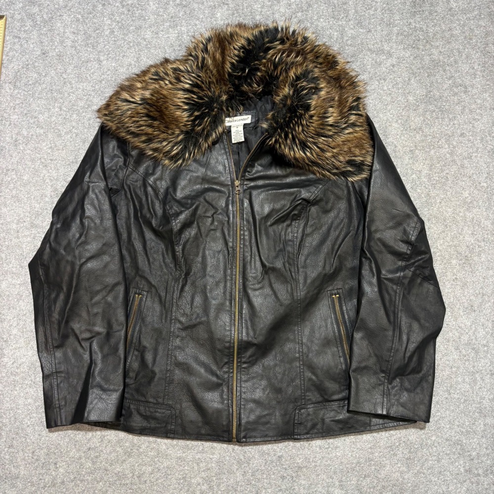 Jessica London Black Leather Jacket Faux Fur Collar Zip Front Womens 18